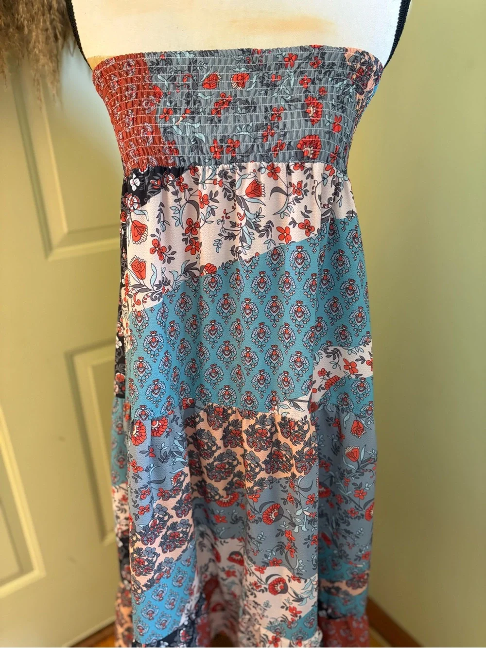 BOHO Printed Patchwork Smocked Waist Maxi Skirt size M - Picture 6 of 11